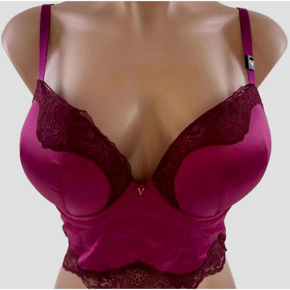 VICTORIA'S SECRET 32D BOMBSHELL BRA LONGLINE PLUNGE BUSTIER MAGENTA MAROON NWT